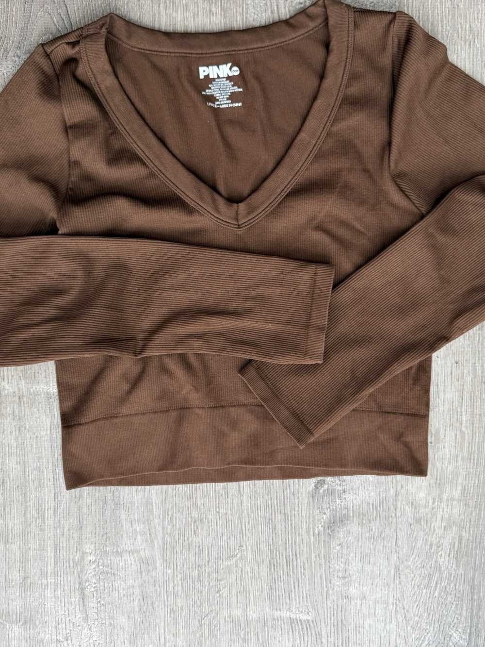 PINK Brown Long Sleeve V-Neck Cropped Top